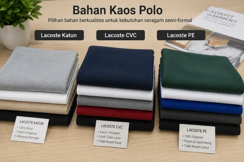 Pilihan bahan kaos polo custom Lacoste Katun CVC dan PE produksi Kokpit Garment Jakarta Timur