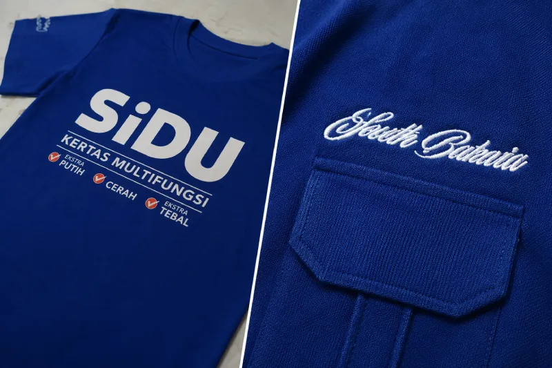 Perbandingan teknik finishing sablon DTF dan bordir pada kaos custom produksi Kokpit Garment