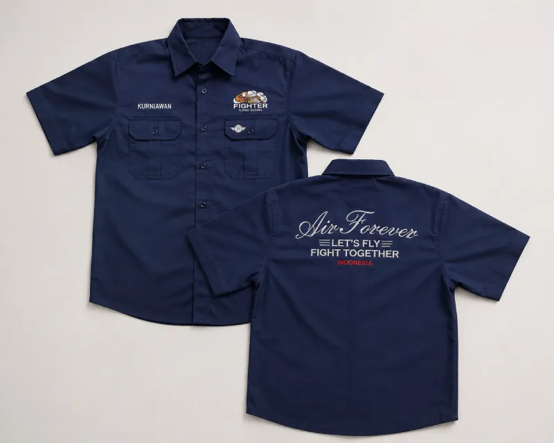 Kemeja seragam custom bahan drill dengan bordir logo perusahaan produksi Kokpit Garment