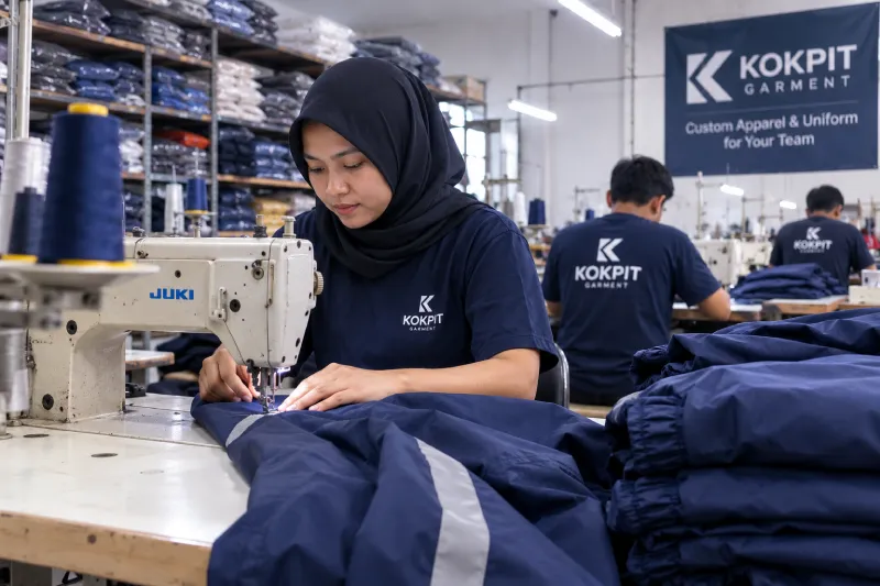 Proses produksi konveksi custom apparel di workshop Kokpit Garment Pulo Gadung Jakarta Timur